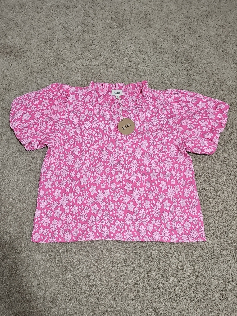 BiBi Pink White Floral Ruffled Puff-Sleeve V-Neck Top Shirt XL NWT